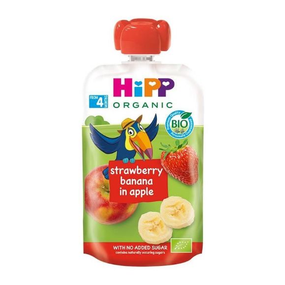 Снимка на HIPP 8521 HiPPiS БИО Ябълка, ягода, банан , плодова закуска, пауч, 100гр.