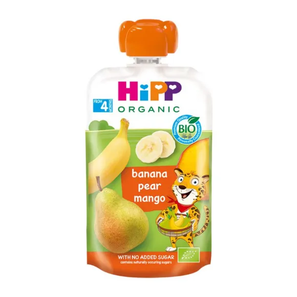 Снимка на HIPP 8523 HiPPiS БИО банан, круша, манго, плодова закуска, пауч, 100гр.